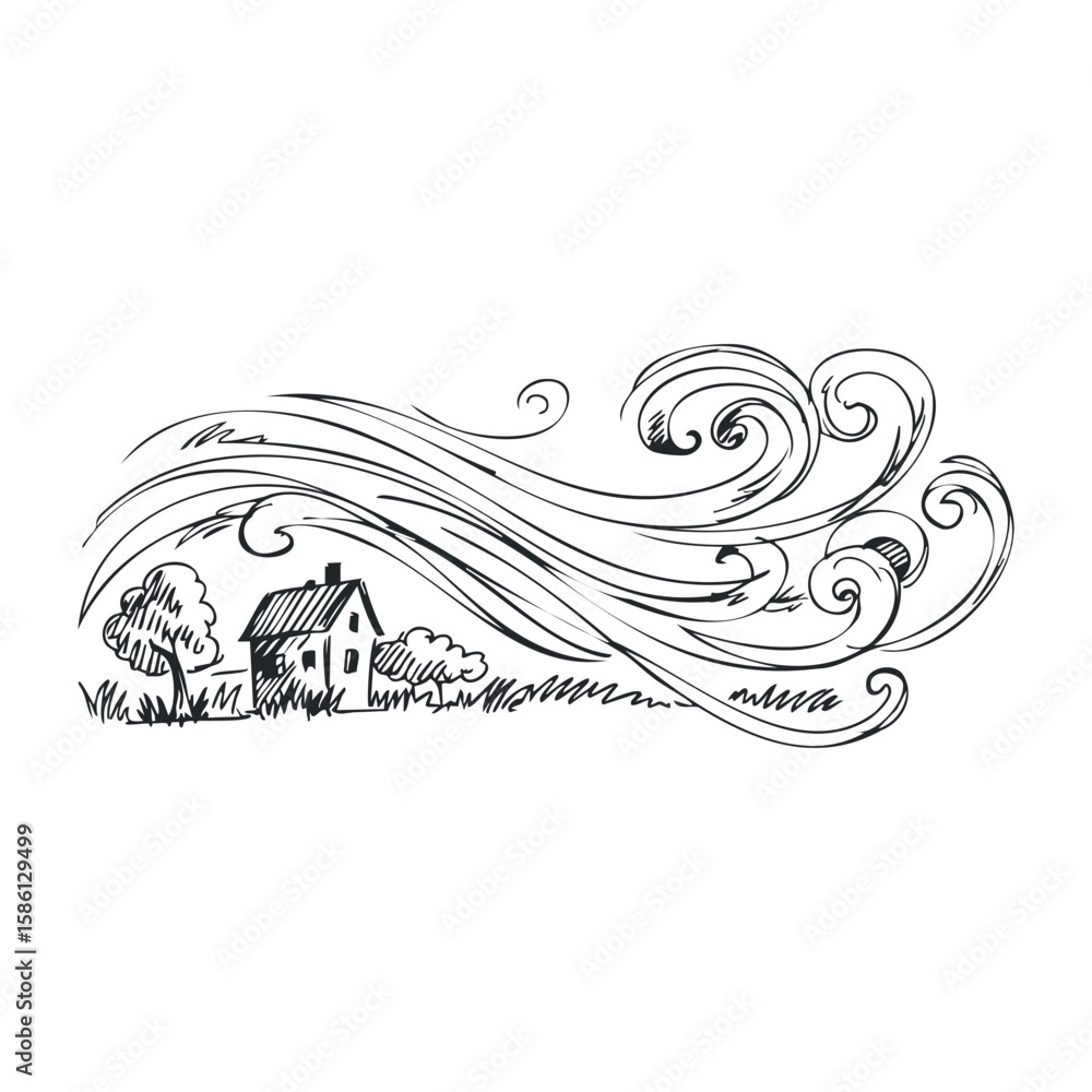 Fototapeta premium Black and white line art of swirling wind and house with trees in nature scene. Hand drawn vector illustration