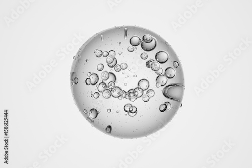 Transparent glass sphere encapsulating suspended bubbles, artistic and abstract composition, isolated on plain background, 3D molecular concept for science, biology, chemistry or futuristic design