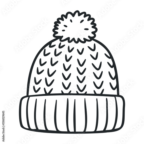 Black and white knitted beanie hat with pom pom illustration. Hand drawn vector illustration