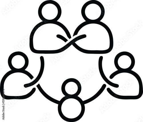 Teamwork outline icon showing collaboration between five people group connecting