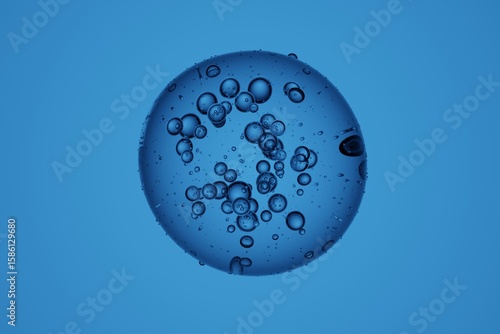 Microscopic close-up of transparent liquid bubbles suspended in clear fluid, isolated on white background, abstract scientific texture for medical, biology or chemistry concept illustration