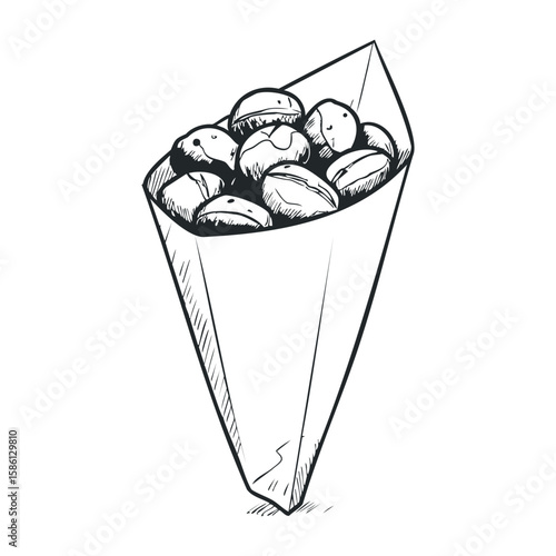 Cone of roasted chestnuts sketch on white background. Hand drawn vector illustration
