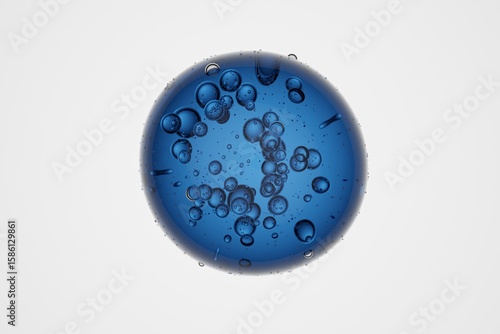 Glossy blue glass sphere with visible internal bubbles, isolated on colored background, abstract molecular or water drop element for science, cosmetic or futuristic technology projects