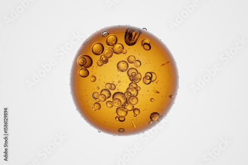 Microscopic close-up view of small bubbles in clear liquid, isolated on background, abstract texture for science, biology, chemistry, medical research or hydration concept illustrations