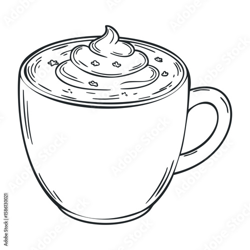 Black and white sketch of a cup of hot chocolate with whipped cream and sprinkles. Hand drawn vector illustration