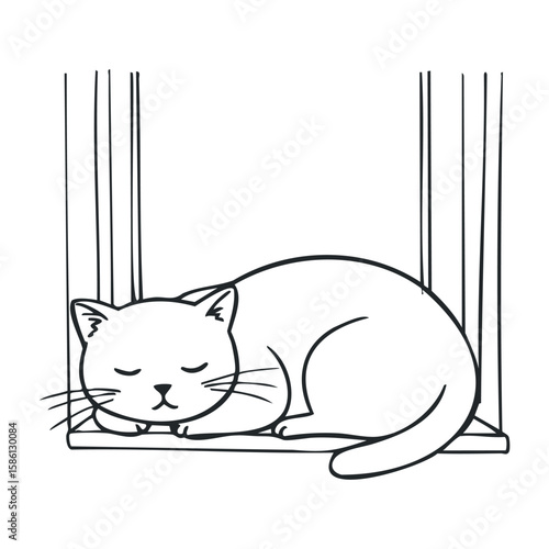 Sleeping cat on windowsill outline drawing in minimalist style. Hand drawn vector illustration