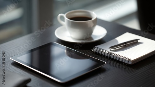Modern workspace with coffee cup tablet notepad and pen on dark desk surface.