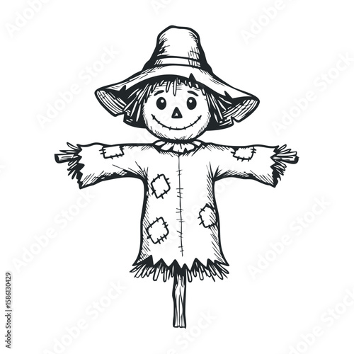 Vintage scarecrow sketch with patchwork hat and straw details. Hand drawn vector illustration