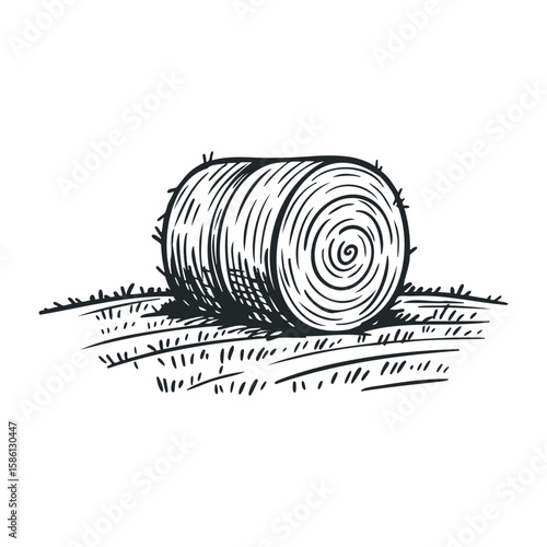 Monochrome sketch of a cylindrical hay bale on a farm field. Hand drawn vector illustration