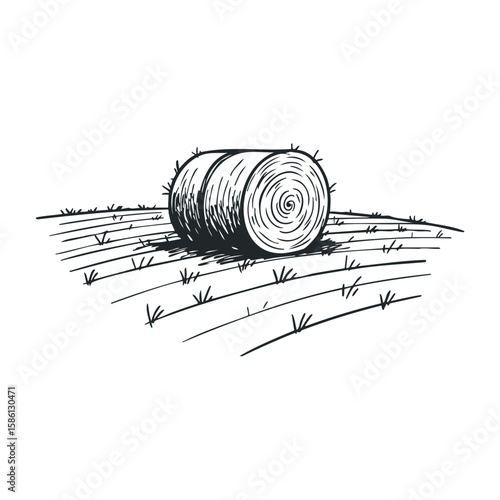 Hay bale in field - black and white sketch of rural farm scene. Hand drawn vector illustration