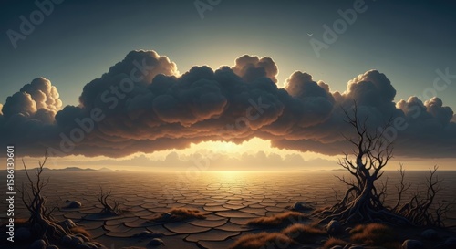 Sunset Over Barren Landscape: A dramatic sunset pierces through a massive, dark cloud formation hovering over a barren, cracked earth landscape, creating a striking contrast of light and shadow.