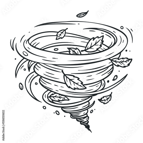 Swirling tornado with flying leaves in dynamic black and white sketch style. Hand drawn vector illustration