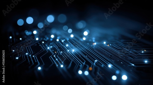 Close-up of glowing electronic circuit board with illuminated microchips and digital connections.