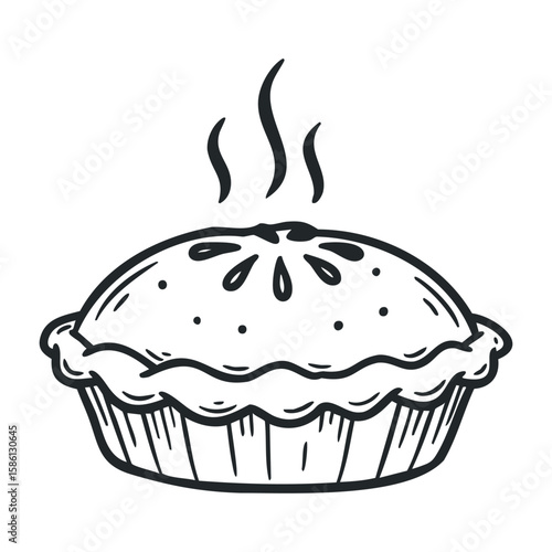 Hand-drawn black and white sketch of a freshly baked pie with steam. Hand drawn vector illustration