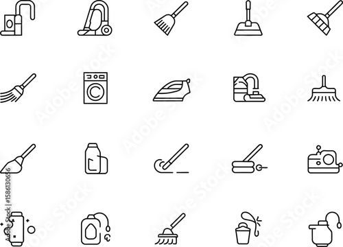Cleaning Tools Icons Set, Line Art, Vacuum Cleaner, Washing Machine, Iron, Broom