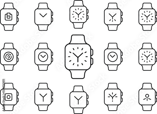 Collection of Black Line Smart Watch Icons on Transparent Background