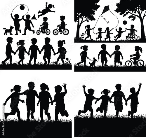 kids silhouette, children playing silhouette, child silhouette clipart, boy and girl silhouette, toddler silhouette vector, running kids silhouette, jumping child silhouette, happy kids shadow art
