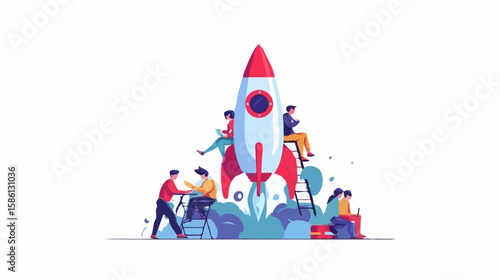  Vector illustration of a team of professionals collaborating on preparing for the launch of a space rocket

