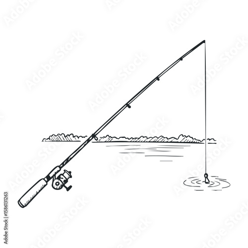 Fishing rod and reel with bobber on a calm lake. Hand drawn vector illustration