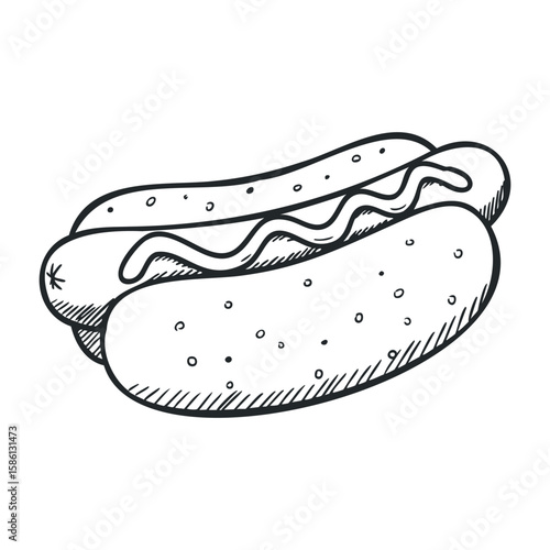 Black and white hot dog sketch with bun and wavy condiment line. Hand drawn vector illustration