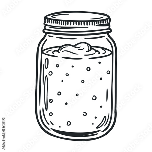 Black and white mason jar illustration with liquid and bubbles. Hand drawn vector illustration