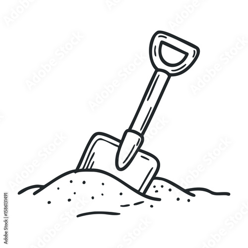 Shovel in sand outline illustration for beach and gardening activities. Hand drawn vector illustration
