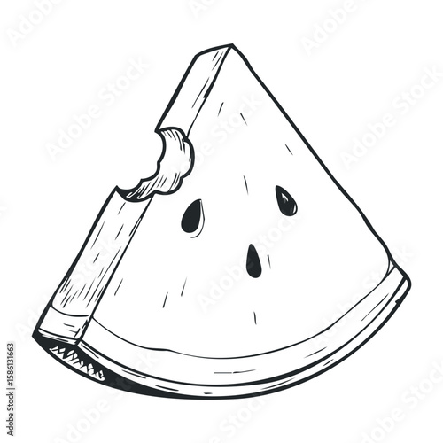 Black and white sketch of watermelon slice with bite. Hand drawn vector illustration