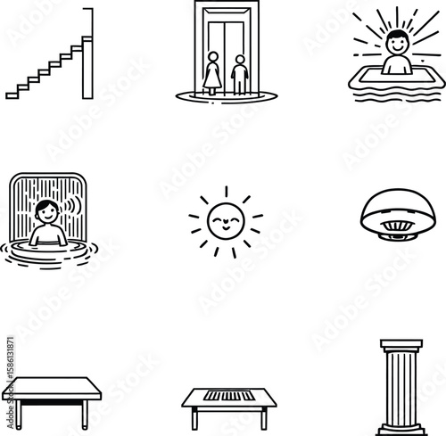 Black-and-White Vector Illustration of Leisure Architecture & Relaxation Icon Grid – 9-Item Spa, Lounge & Decor Silhouette Set