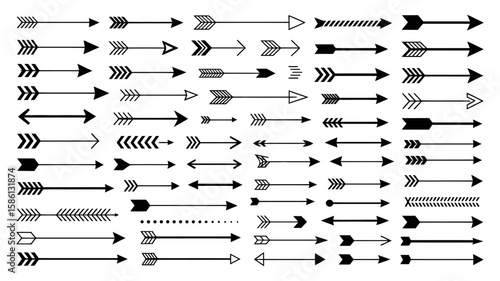 Black arrow icons set with various directions styles and decorative design elements

