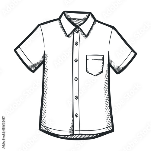 Classic short-sleeve button-up shirt outline with pocket and collar. Hand drawn vector illustration