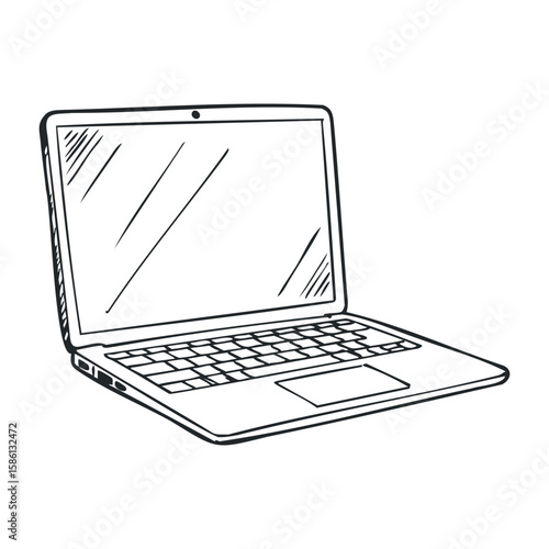Outline of a laptop computer with open screen and keyboard drawn in black and white. Hand drawn vector illustration