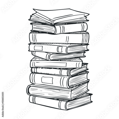 Stack of sketchy books in black and white line art. Hand drawn vector illustration