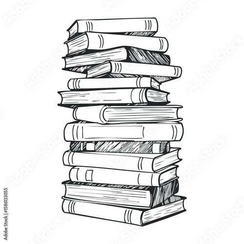 Stack of vintage books in black and white line art illustration. Hand drawn vector illustration