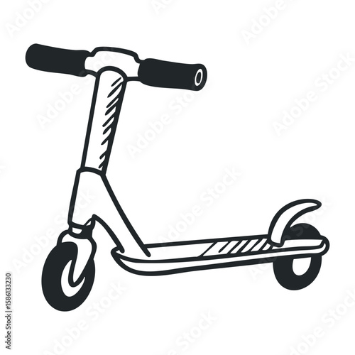 Black and white sketch of kick scooter. Hand drawn vector illustration