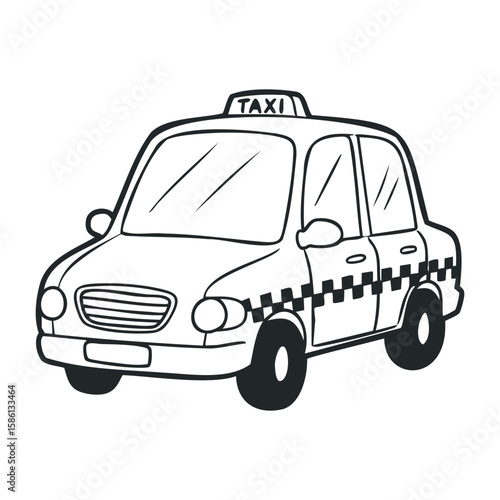 Black and white cartoon taxi cab illustration featuring classic checker pattern. Hand drawn vector illustration