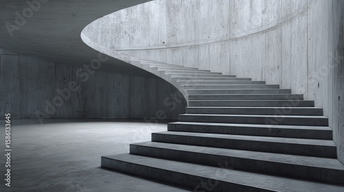 Curved concrete stairs in a modern minimalist interior for ascending and descending in an elegant architectural setting