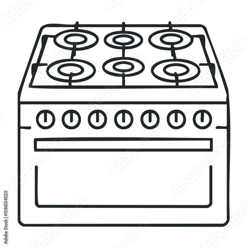 Outline drawing of a classic gas stove with four burners and control knobs. Outline vector illustration