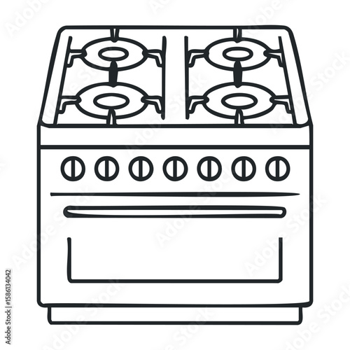 Outline of a classic four-burner gas stove with control knobs. Outline vector illustration