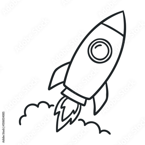 Outline of a rocket launching into the sky with smoke trails behind. Outline vector illustration