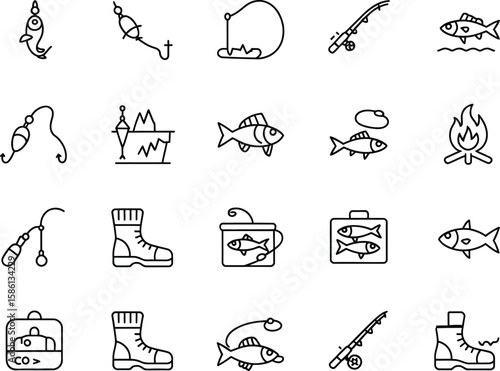 Fishing Icons Set with Rod, Hook, Fish, Fire, Boots, Tackle Box in Line Art Style