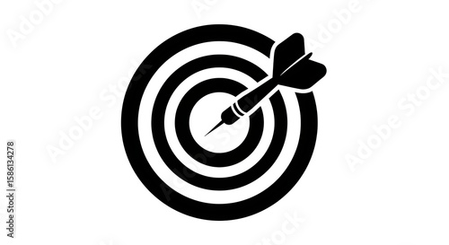 Black and White Dart Hitting Center of Target Illustration, Focus Achievement Vector Design, Precision Symbol, Bullseye Concept.