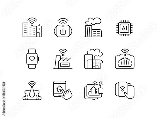 Modern Icon Collection Illustrating Key Smart City Concepts Including Healthcare Systems, Climate Adaptation Technologies, and Security Innovations for Integration in Smart Infrastructure Visuals and 