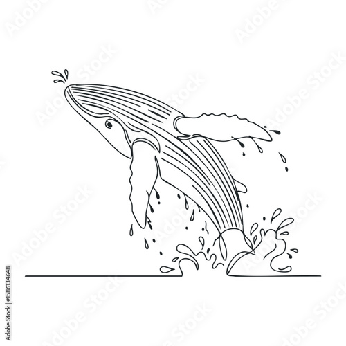 Line drawing of a breaching whale with splashing water. Outline vector illustration