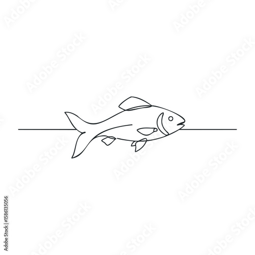 Minimalist fish line drawing with ocean horizon. Outline vector illustration