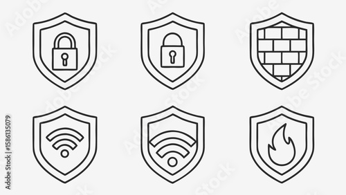 Security shield icons with lock wifi and firewall symbols protection padlock