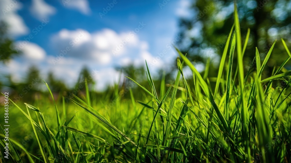 Fototapeta premium Close-up view of vibrant green grass with blue sky and clouds in background.