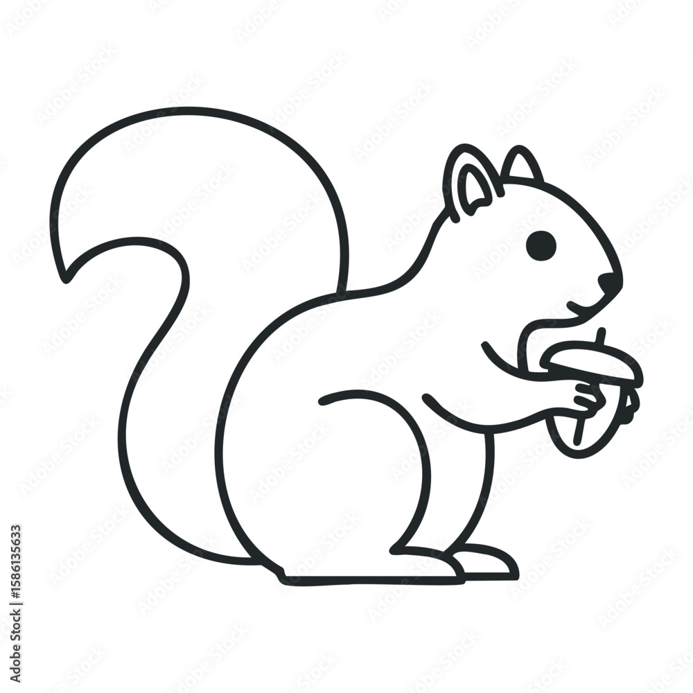 Fototapeta premium Cute cartoon squirrel holding acorn design. Outline vector illustration