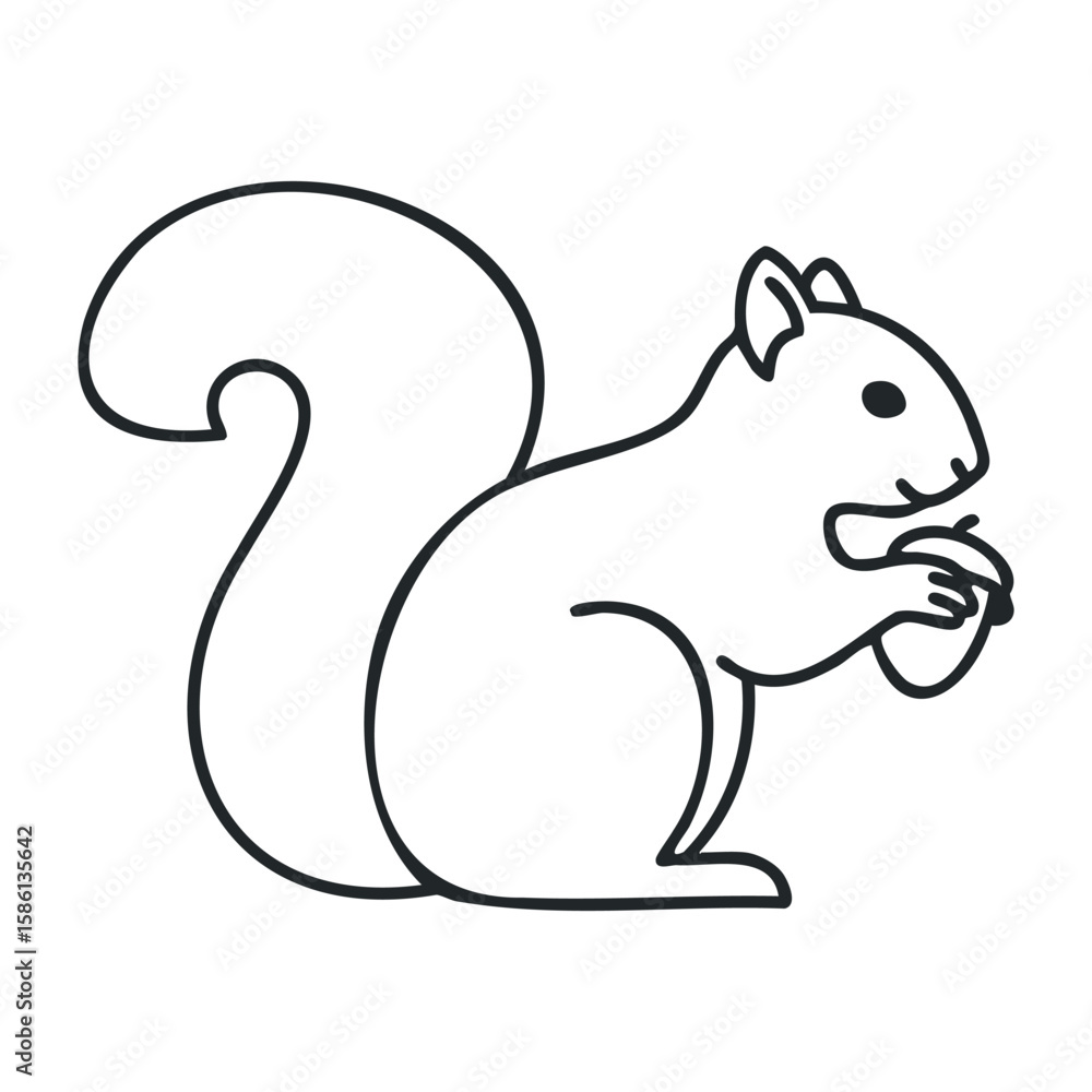 Fototapeta premium Simple outline of a squirrel holding a nut in minimalist drawing style. Outline vector illustration
