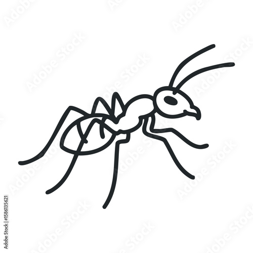 Black outline of ant with six legs and antennae on white background. Outline vector illustration