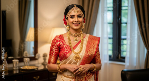 A beautiful indian bride smiles wearing a traditional saree and jewelry